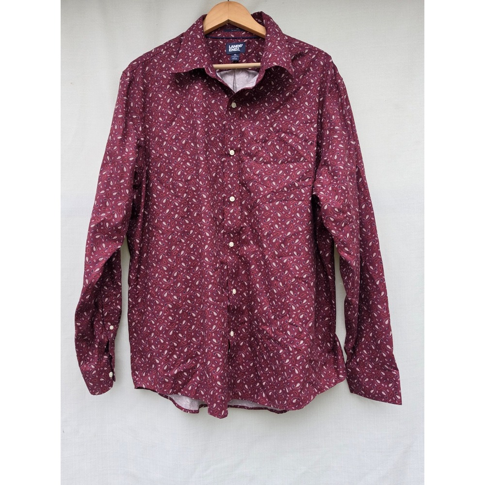 Lands End Mens XL Paisley No Iron Twill Button Down Shirt Burgundy 436953